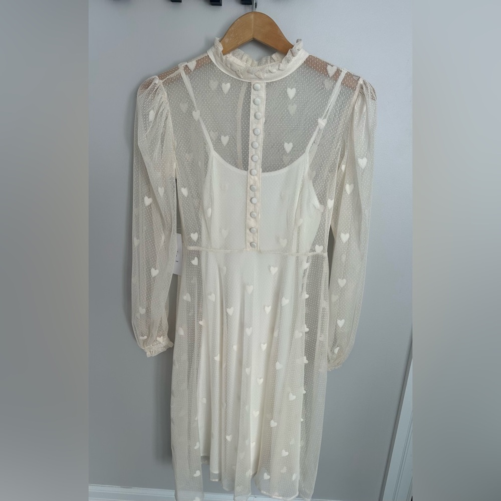 Unique Vintage Cream Heart Mesh Long Sleeve Dress